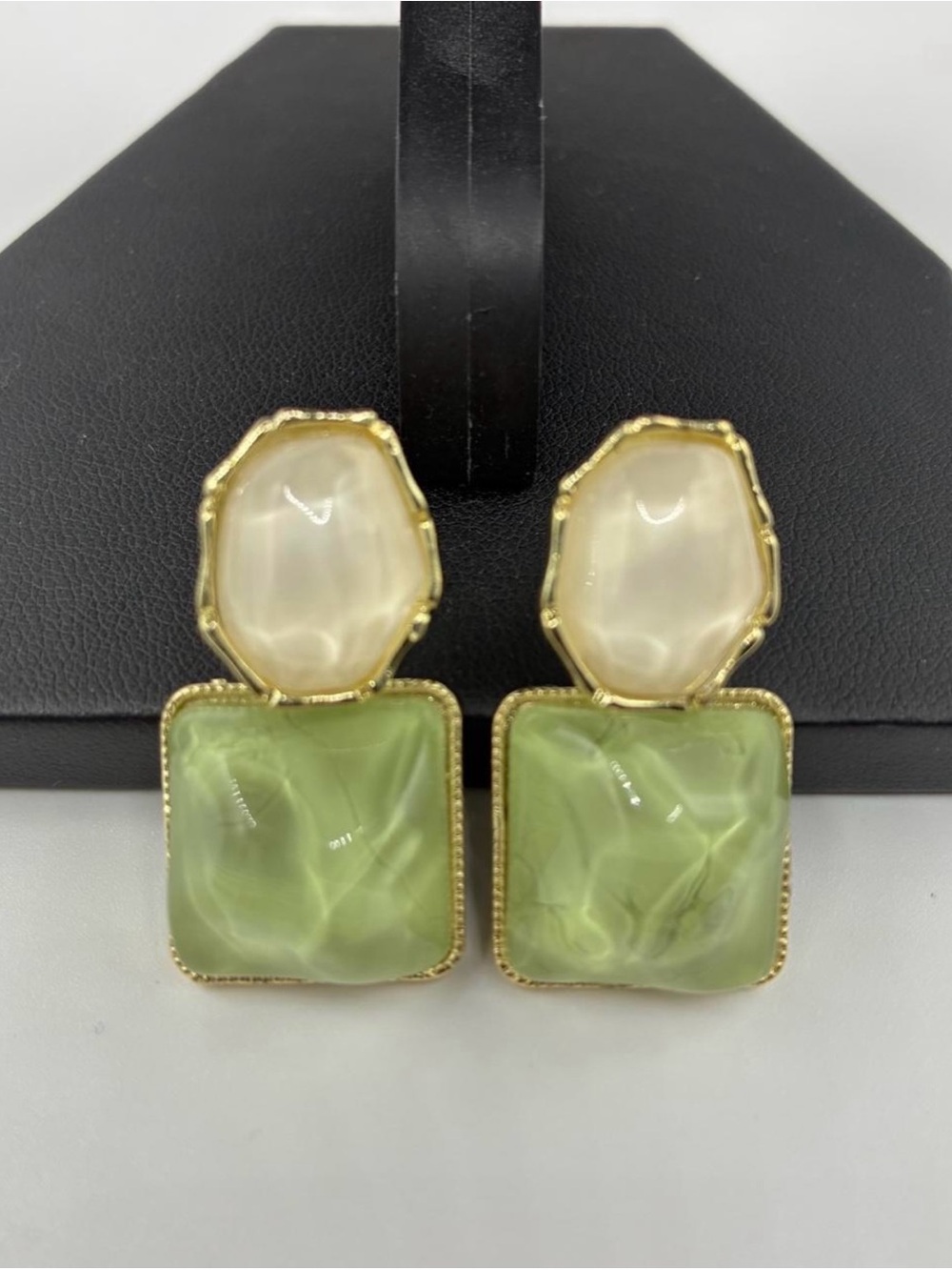 Gold-Tone Green & Cream Drop Earrings